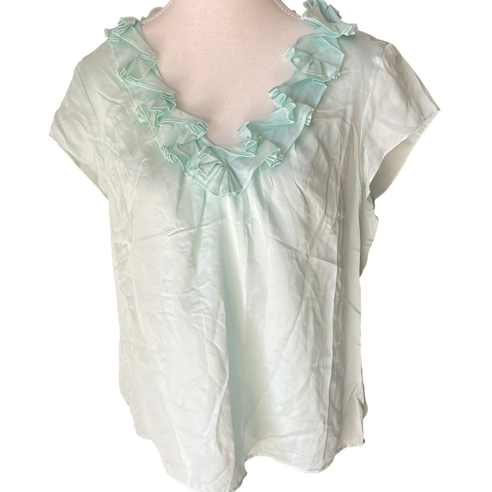 Talbots Women's Top‎ 12 Blue Green Silk Cotton Blend Ruffle V-Neck Short Sleeve